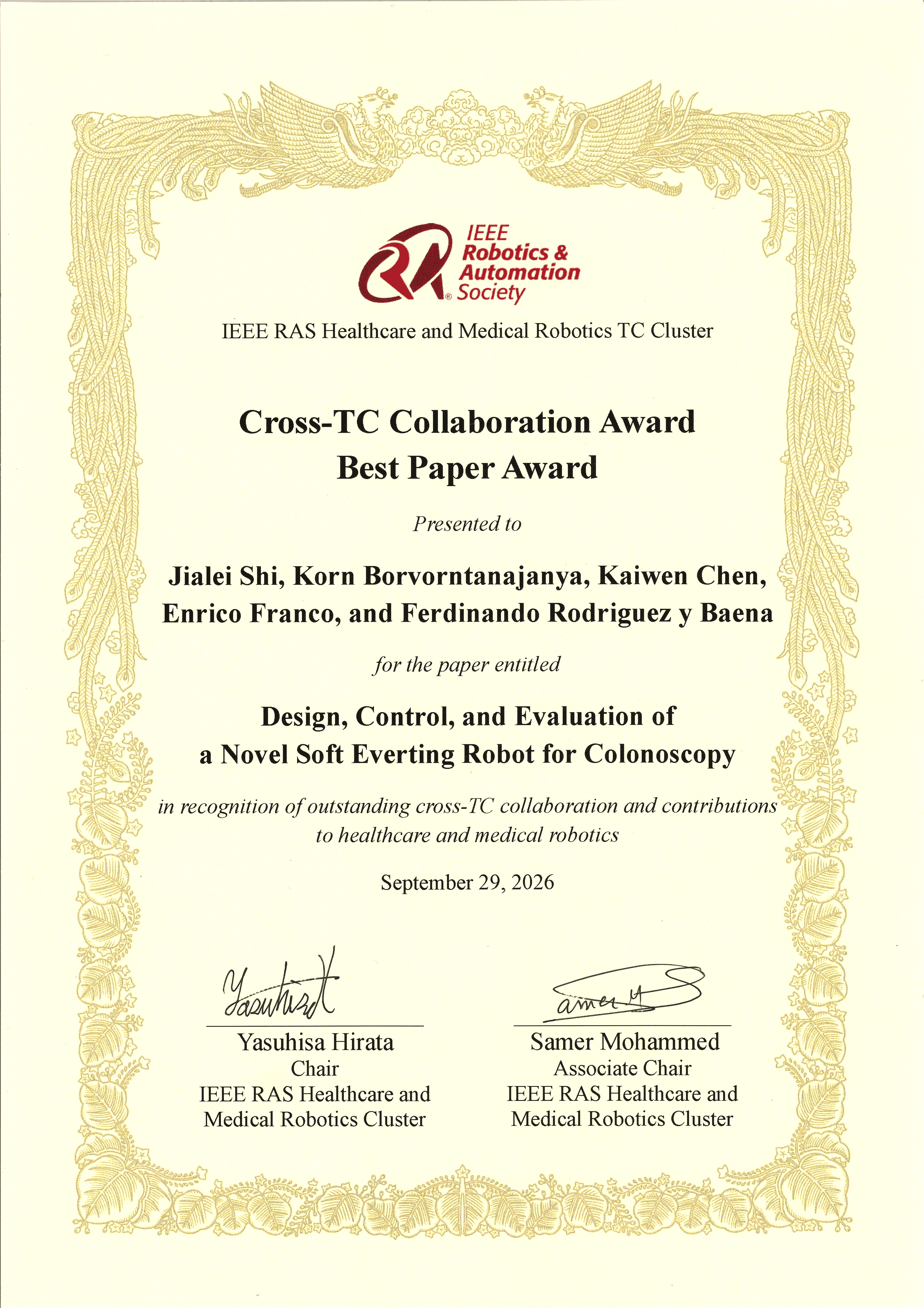 IEEE RAS Healthcare and Medical Robotics Cross-TC Collaboration Best Paper Award